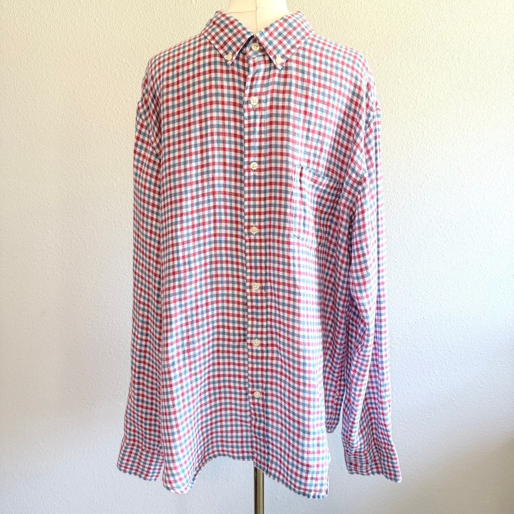 J.Crew Mens Slim Fit Linen Gingham Button Down Shirt Red Blue Summer Size XL